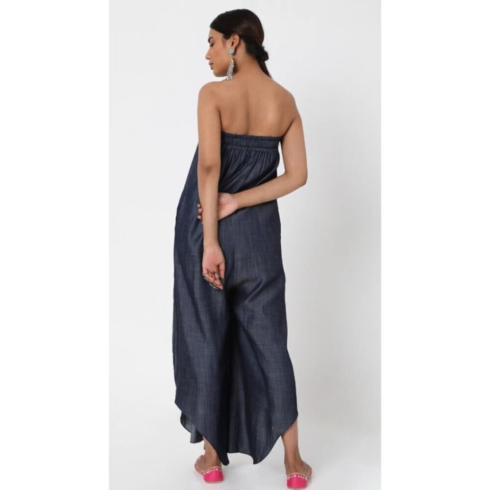 Style Junkiie Women's Blue Denim Tassel Jumpsuit Off the Shoulder Size 10 NWOT - Picture 2 of 16